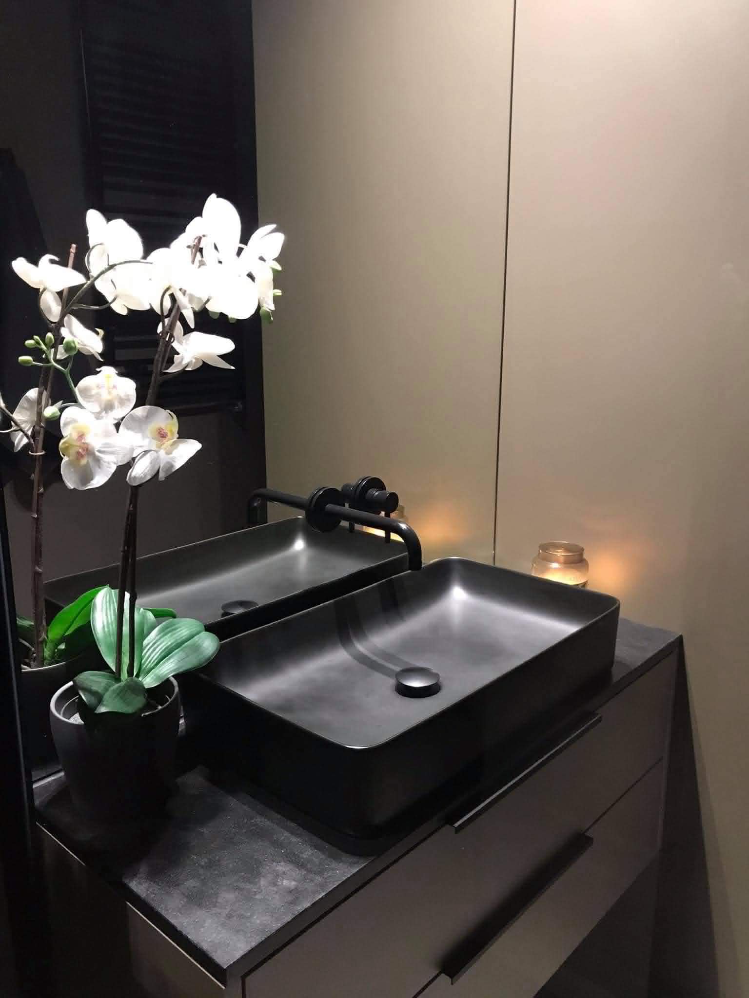 Matt black basin and vanity unit with orchid, Durham